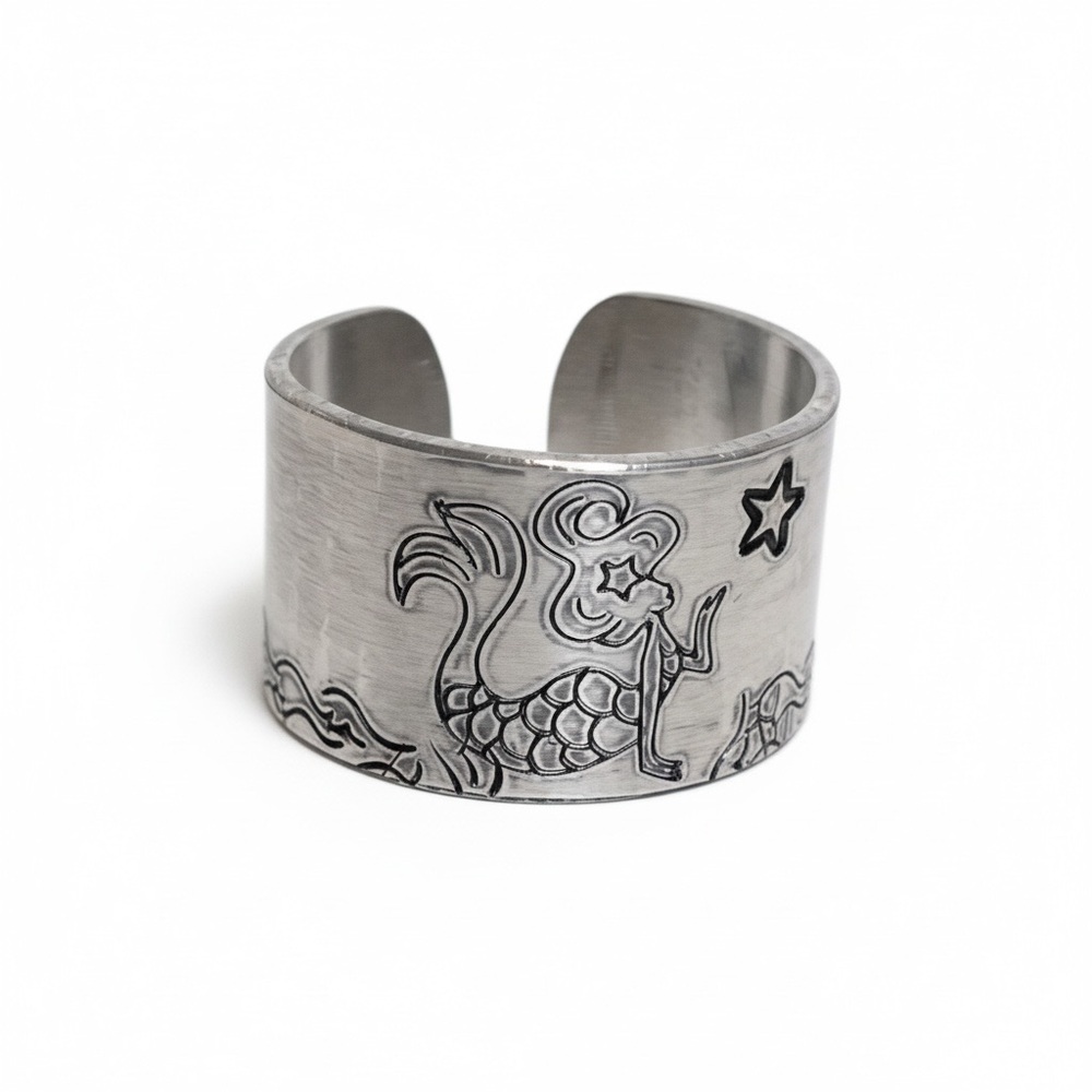 Handmade 10 stamped mermaid silver hypoallergenic adjustable wide‎ cuff ring